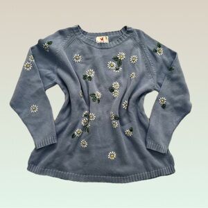 Quacker Factory Blue Daisy, Women’s embroidered, pull over knitted sweater
